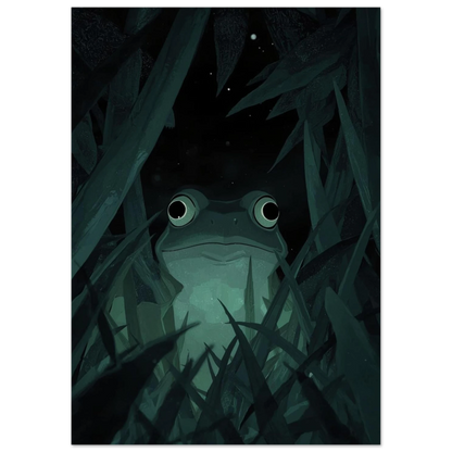 Ghibli-inspirerad konst med en groda i en mystisk skogsnatt