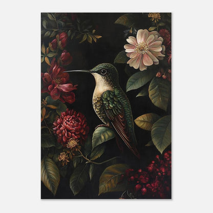 Väggkonst föreställande en liten kolibri bland frodiga blommor i dämpade toner