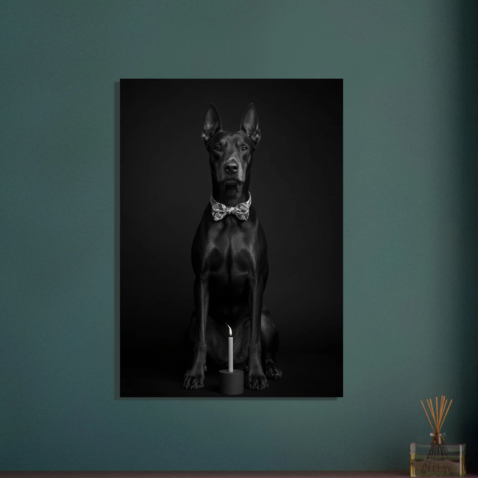 Elegant dobermann med fluga och tänd ljusstake i svartvitt