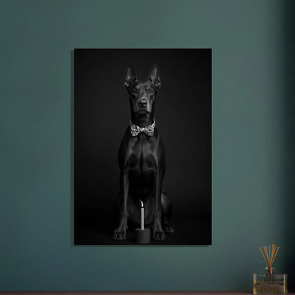 Elegant dobermann med fluga och tänd ljusstake i svartvitt