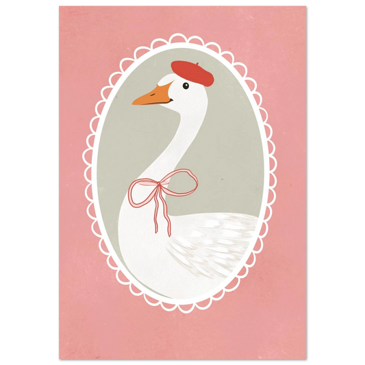 Vit gås med röd basker och rosa rosett – illustrerad djurposter