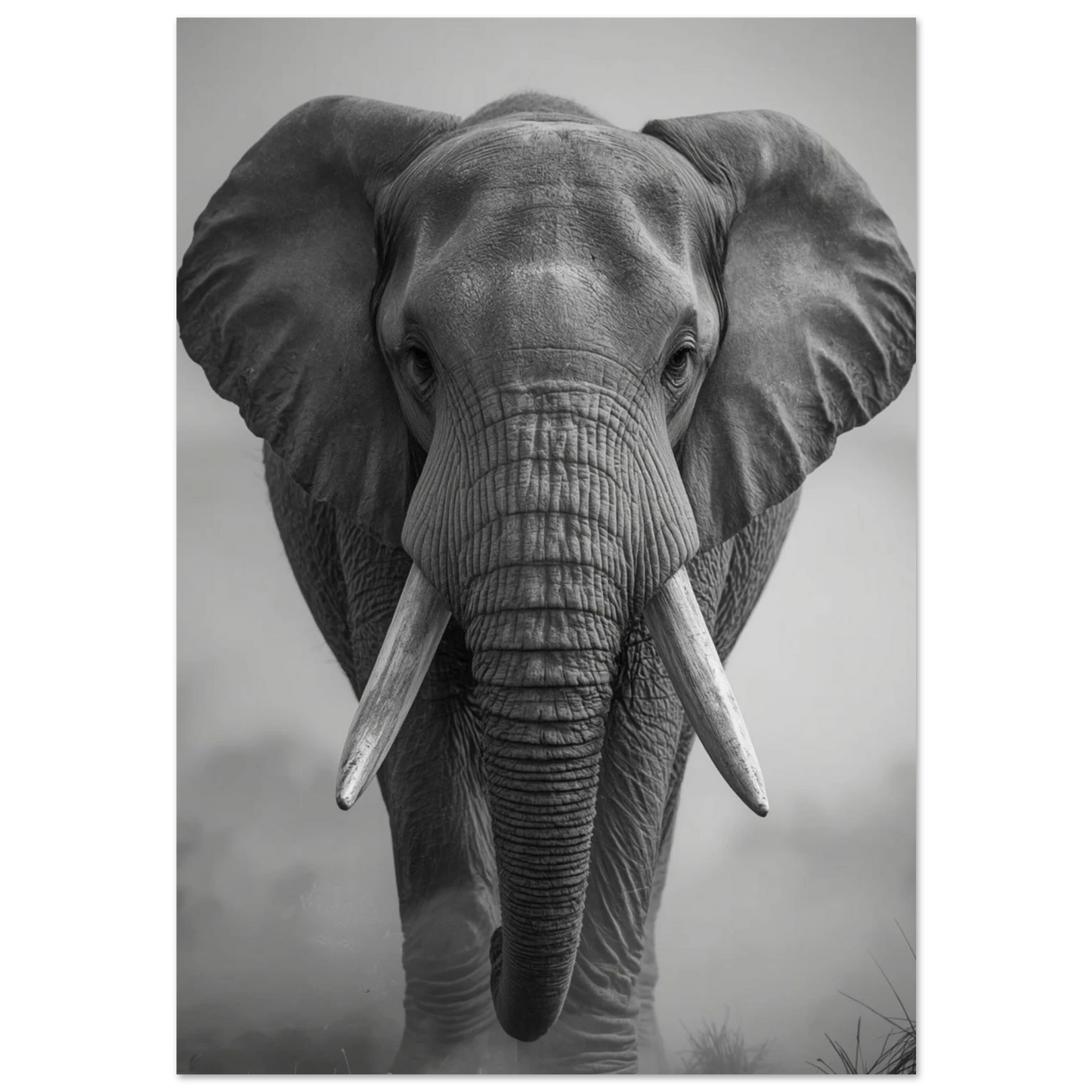 Svartvitt fotoporträtt av en afrikansk elefant med stora betar