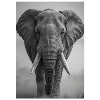 Svartvitt fotoporträtt av en afrikansk elefant med stora betar