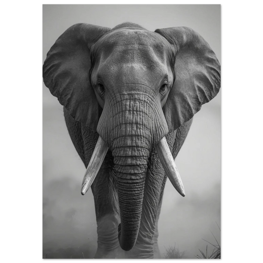 Svartvitt fotoporträtt av en afrikansk elefant med stora betar