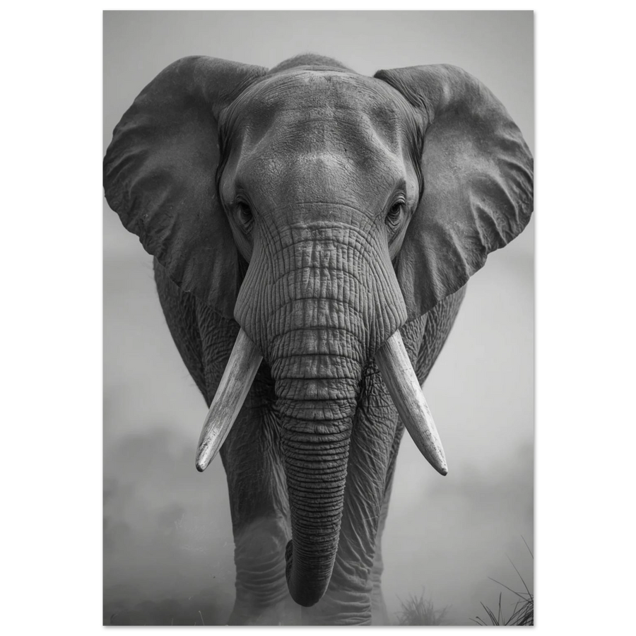 Svartvitt fotoporträtt av en afrikansk elefant med stora betar