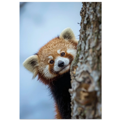Röd panda bakom trädstam – närbild på ansikte i naturmiljö