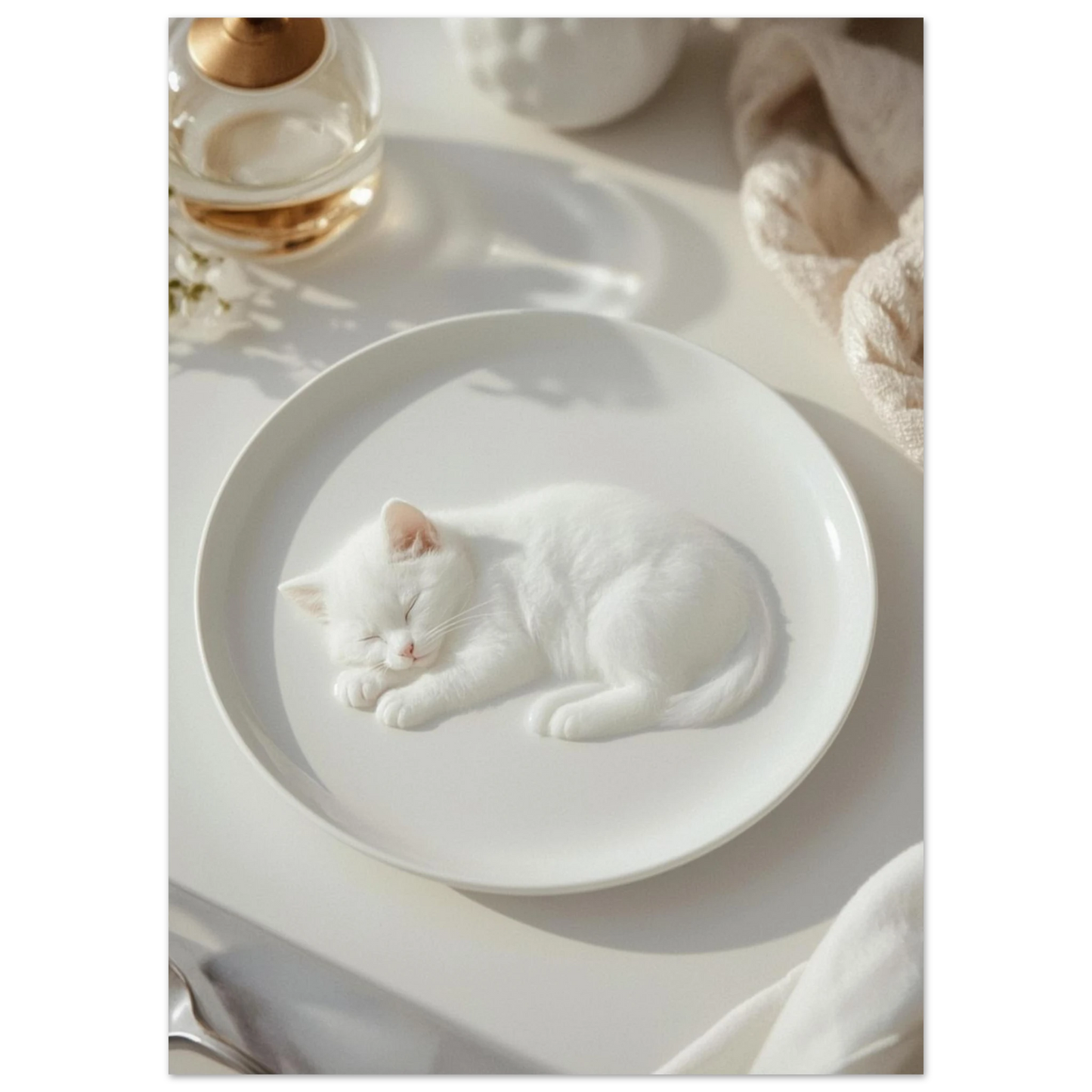 Närbild på sovande vit kattunge i mjukt ljus, fotorealistiskt motiv