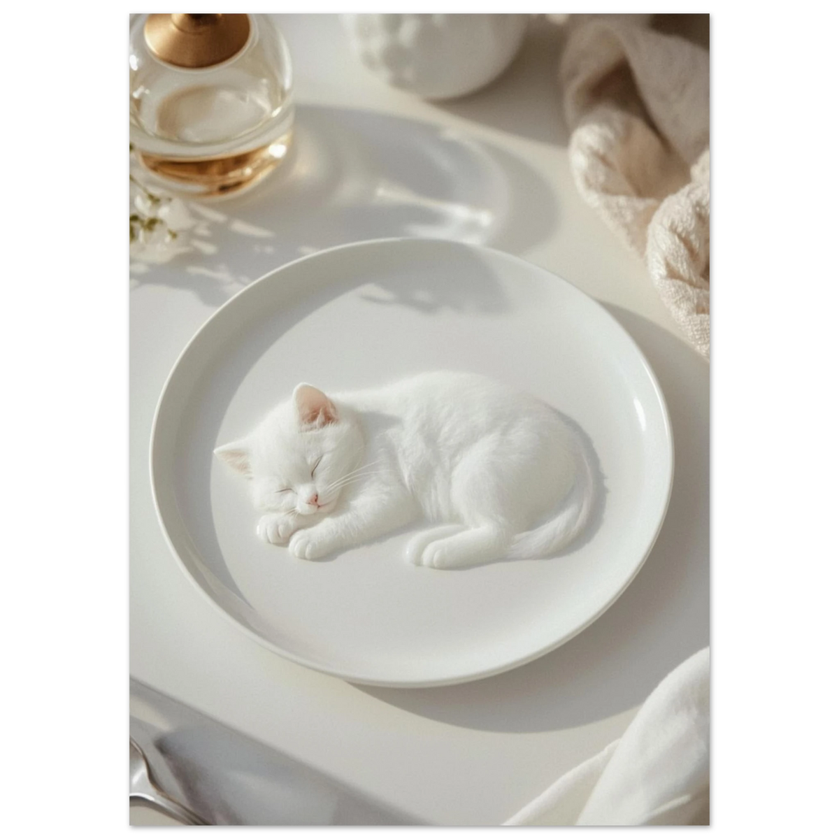 Närbild på sovande vit kattunge i mjukt ljus, fotorealistiskt motiv