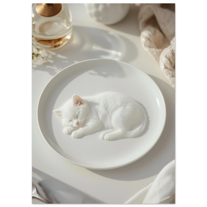 Närbild på sovande vit kattunge i mjukt ljus, fotorealistiskt motiv