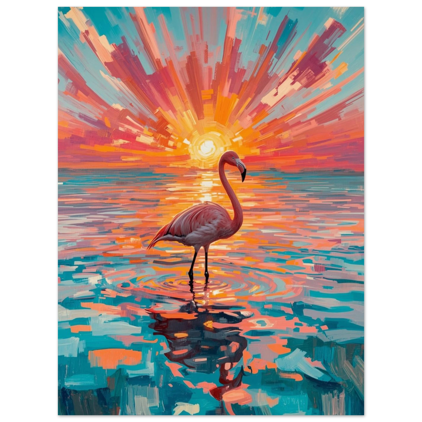 Abstrakt naturmotiv föreställande en ståtlig flamingo i ett färgsprakande skymningsljus
