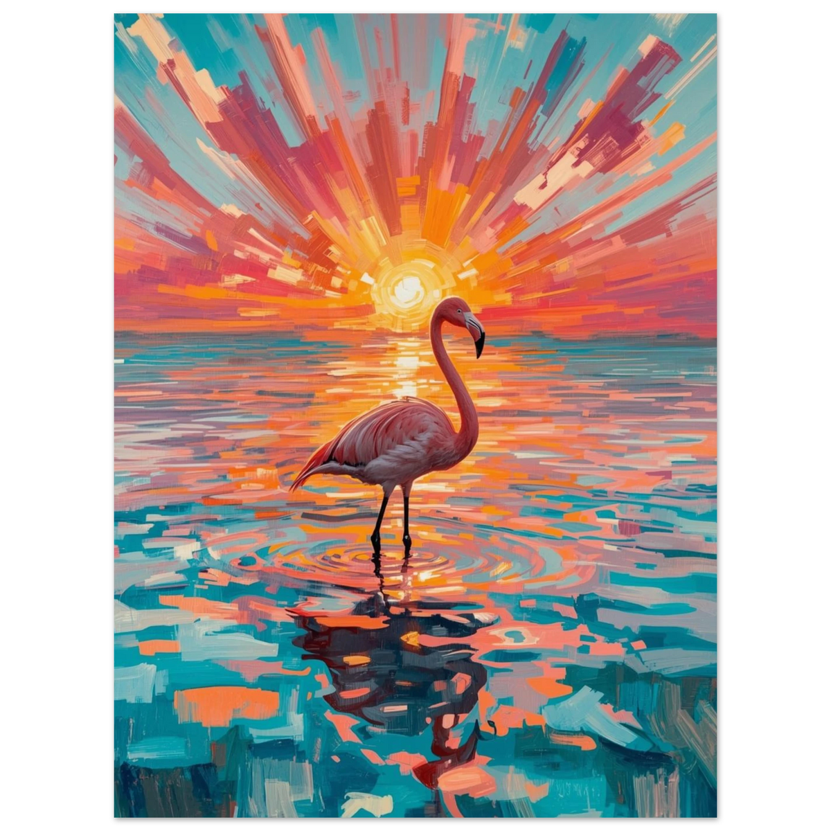 Abstrakt naturmotiv föreställande en ståtlig flamingo i ett färgsprakande skymningsljus