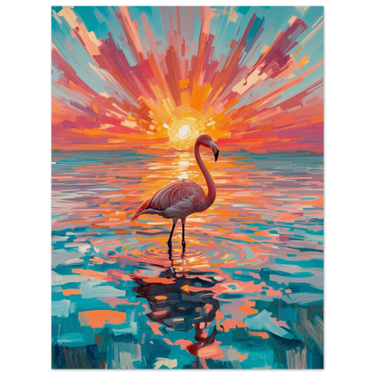 Abstrakt naturmotiv föreställande en ståtlig flamingo i ett färgsprakande skymningsljus