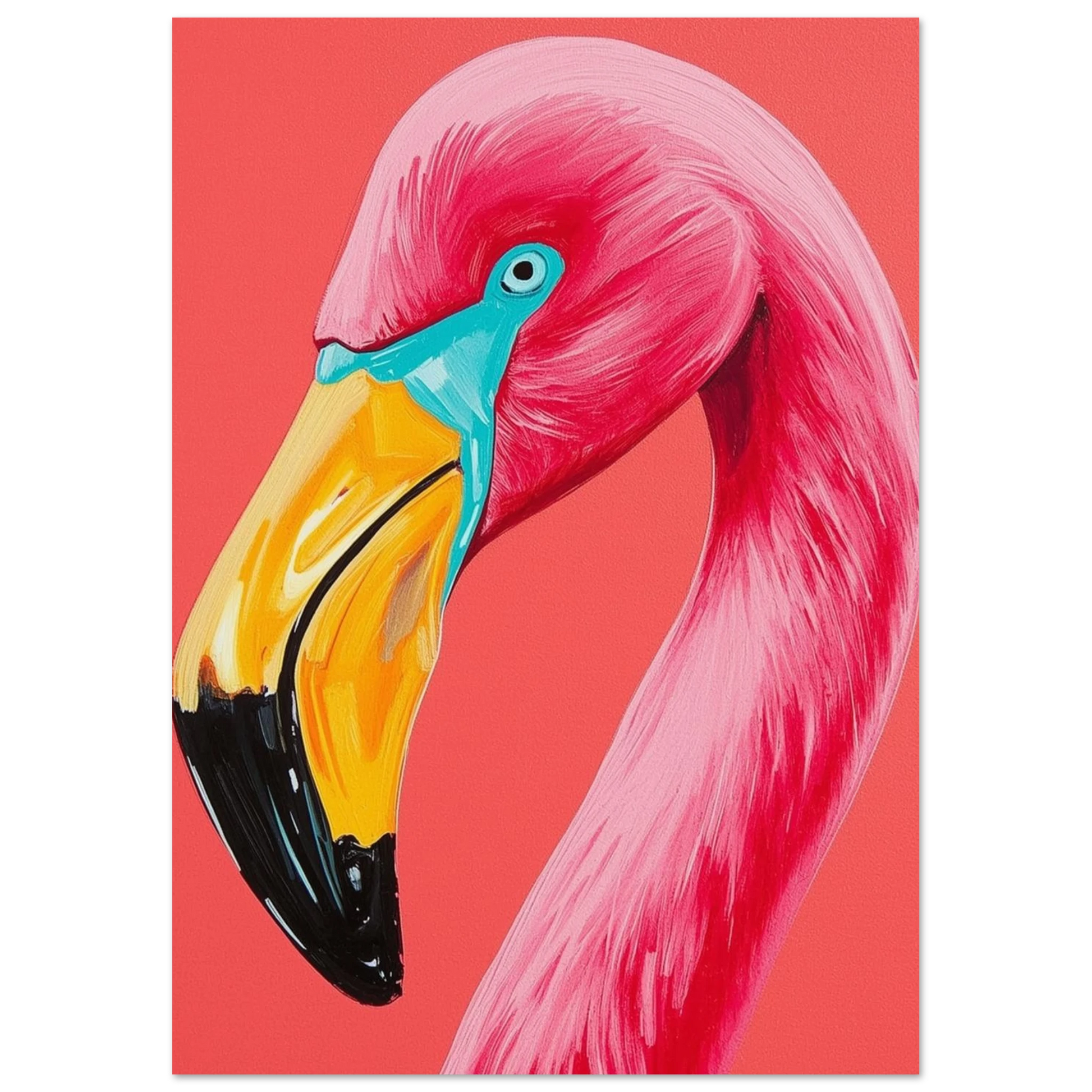 Expressionistiskt flamingoporträtt med intensiv blick och korallfärgad bakgrund