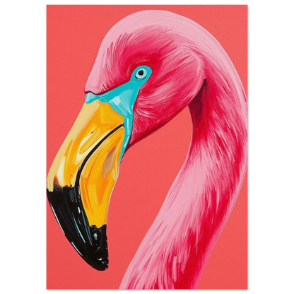 Expressionistiskt flamingoporträtt med intensiv blick och korallfärgad bakgrund