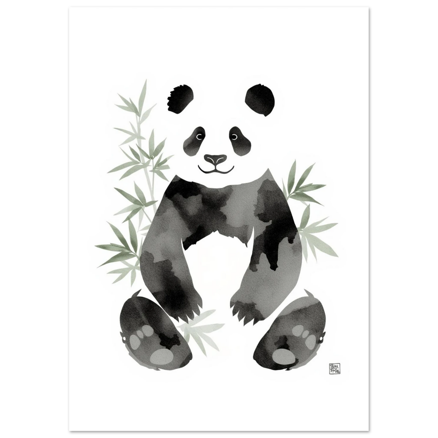 Konstnärligt print av en vänlig panda omgiven av ljusgröna bambuskott