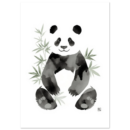 Konstnärligt print av en vänlig panda omgiven av ljusgröna bambuskott