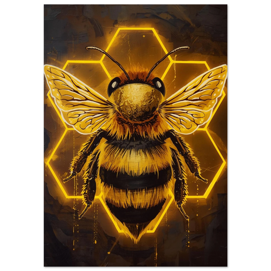 Oljemålning av ett bi med gyllene hexagon och mörk bakgrund