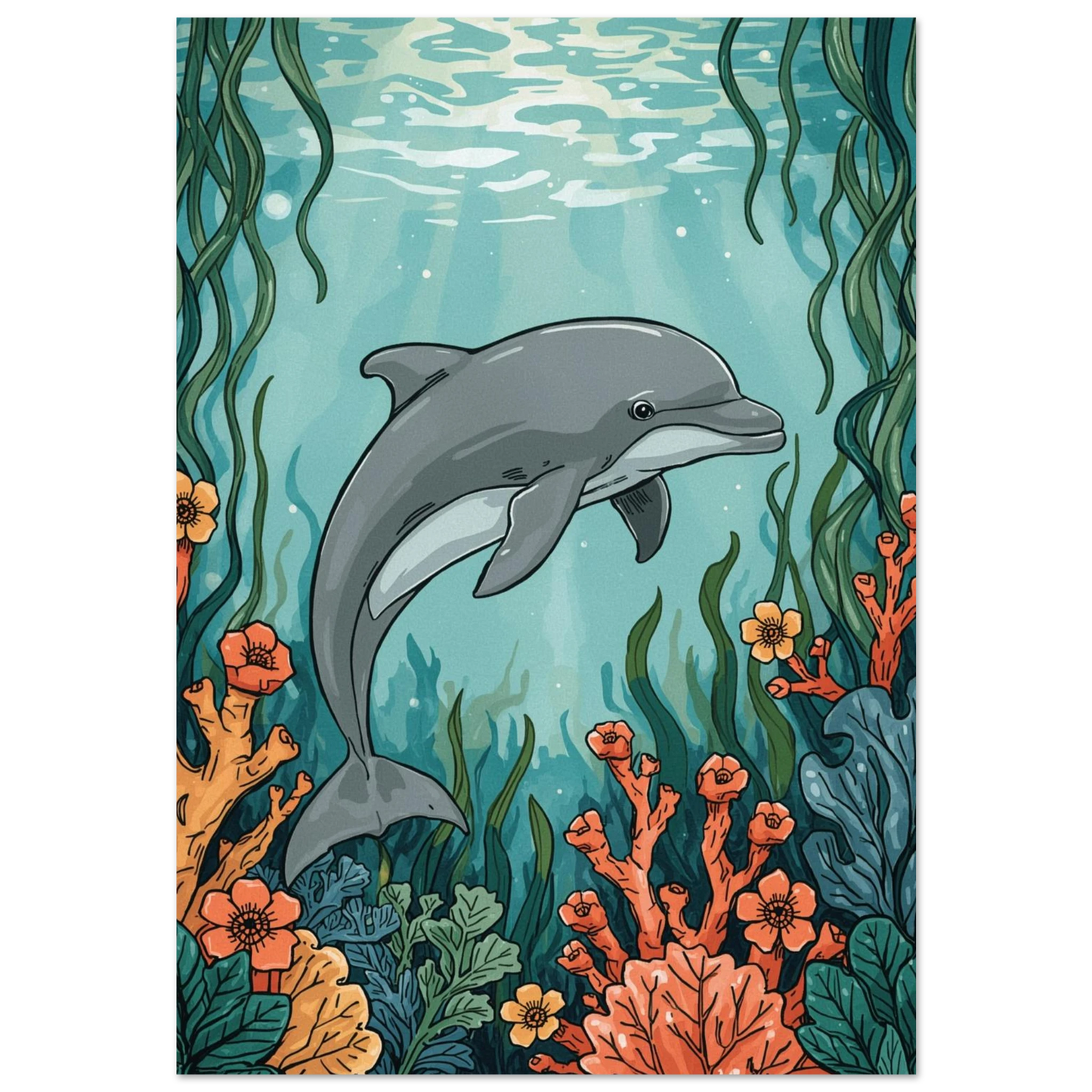 Grå delfin simmar bland orangea koraller i turkost vatten, illustration