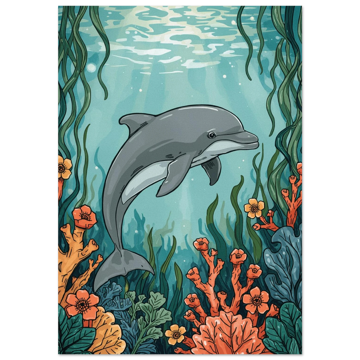 Grå delfin simmar bland orangea koraller i turkost vatten, illustration