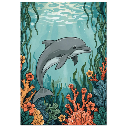 Grå delfin simmar bland orangea koraller i turkost vatten, illustration