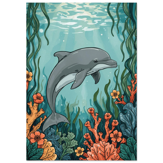 Grå delfin simmar bland orangea koraller i turkost vatten, illustration