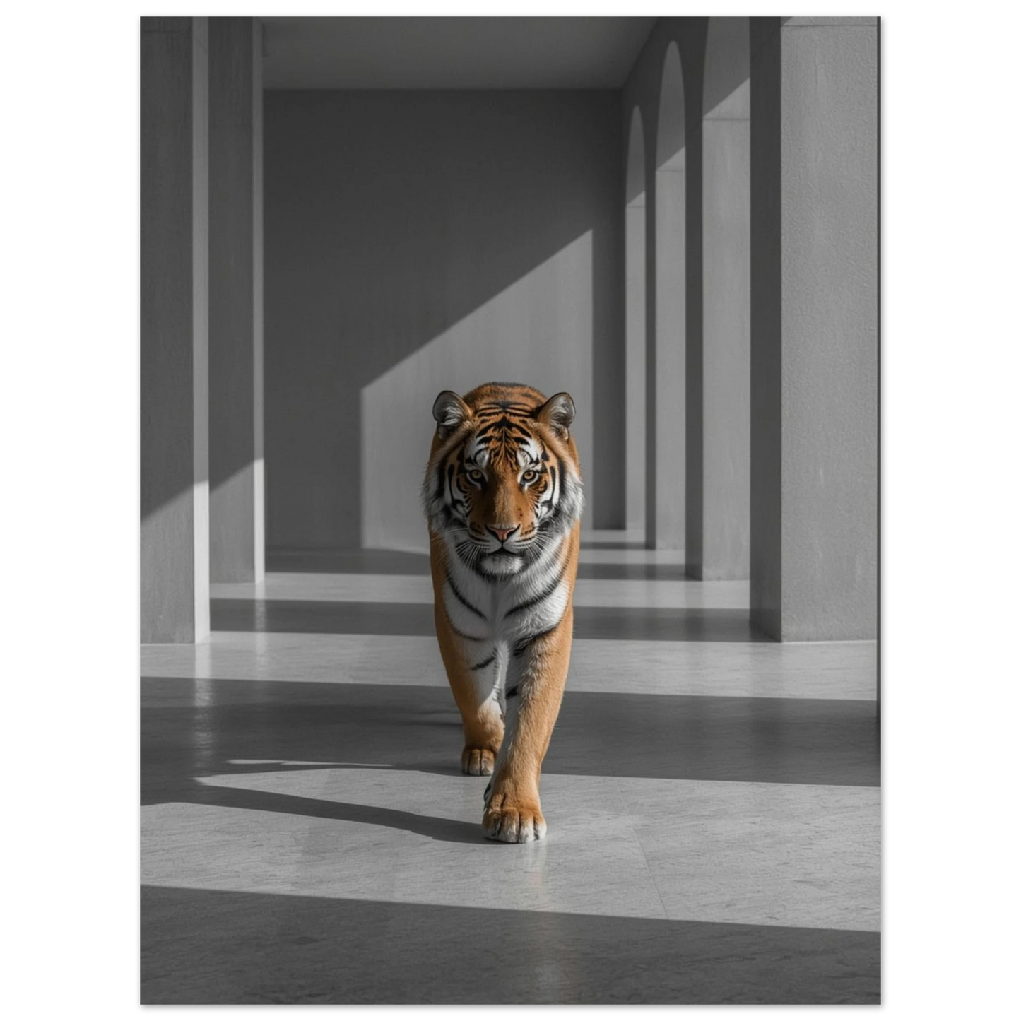 Detaljbild på tiger i rörelse genom en grå korridor med skuggor – Fotorealistisk poster