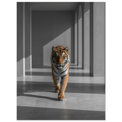 Detaljbild på tiger i rörelse genom en grå korridor med skuggor – Fotorealistisk poster