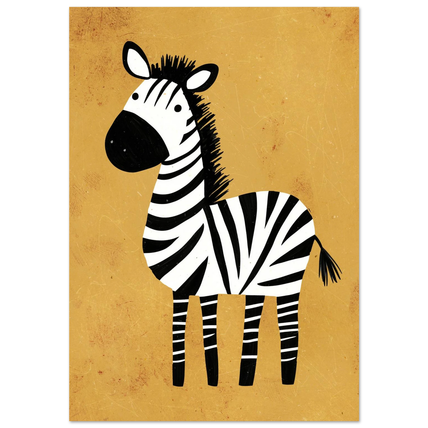 Svartvit zebra på varmgul texturerad bakgrund – lekfull grafisk djurposter