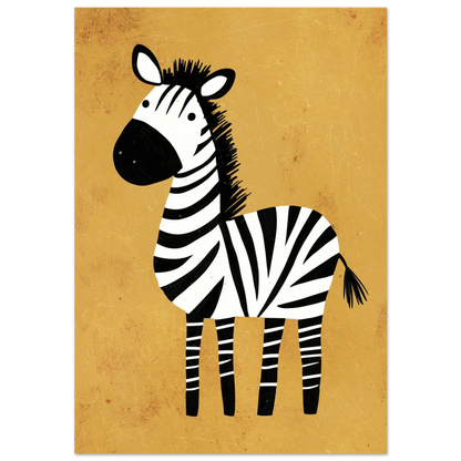 Svartvit zebra på varmgul texturerad bakgrund – lekfull grafisk djurposter