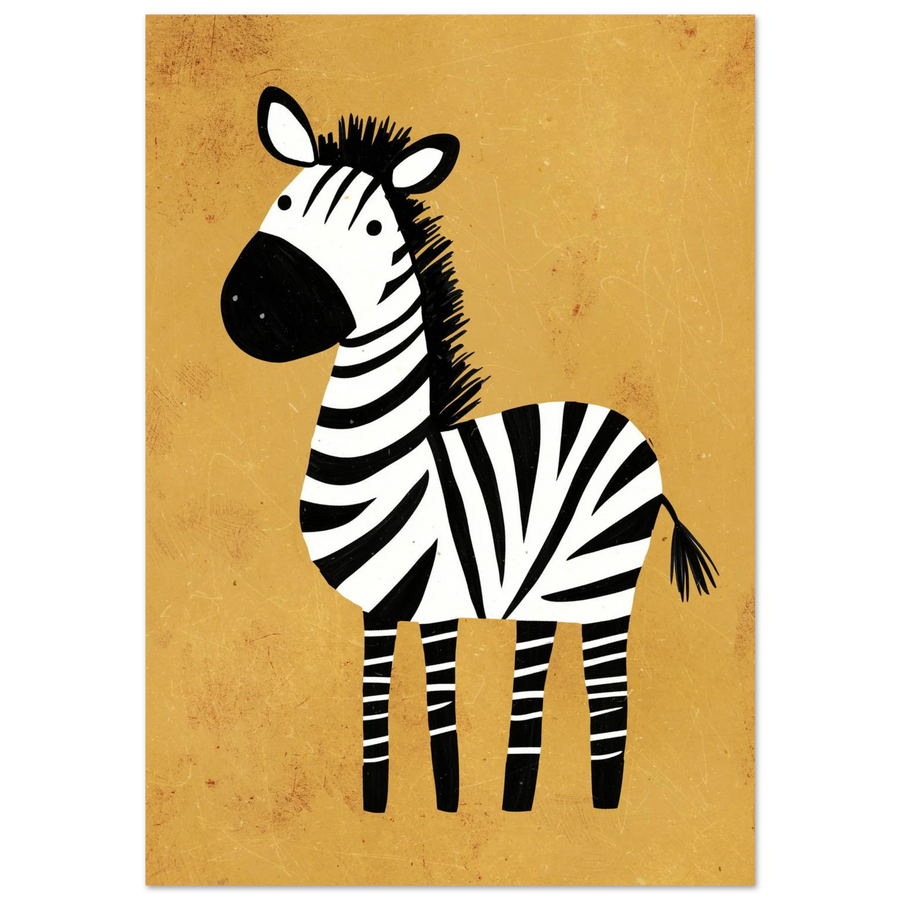 Svartvit zebra på varmgul texturerad bakgrund – lekfull grafisk djurposter