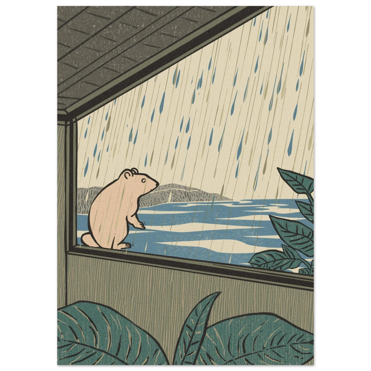 Illustration av en beige bäver under takutsprång i regnigt väder
