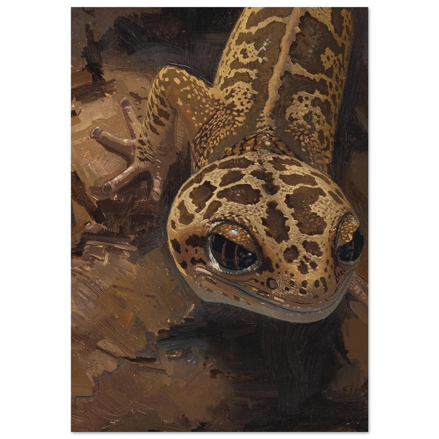 Närbild på leopardgecko i brun oljestil med mörka fläckar och stora ögon