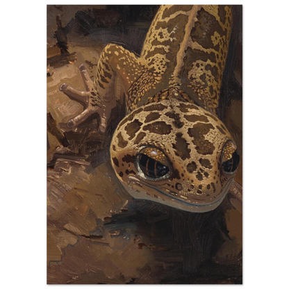 Närbild på leopardgecko i brun oljestil med mörka fläckar och stora ögon