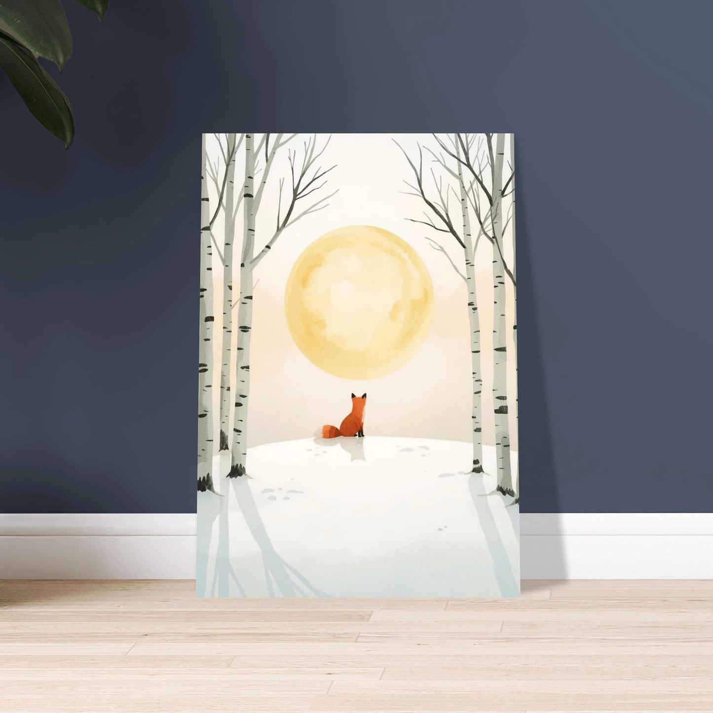 Räv i snöigt landskap under stor måne, akvarellillustration