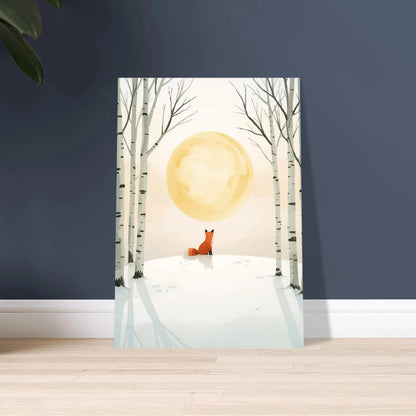 Räv i snöigt landskap under stor måne, akvarellillustration