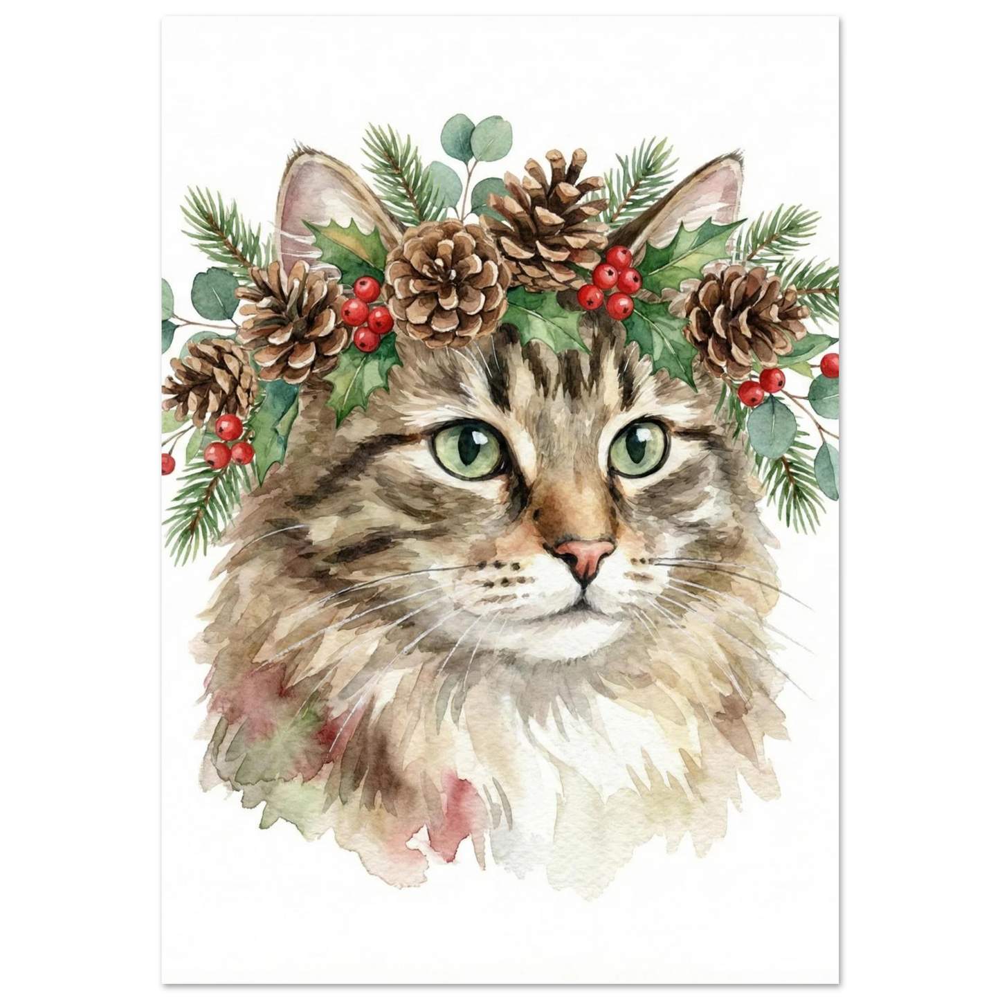Brunrandig katt med julkrans av kottar och granris – akvarellposter
