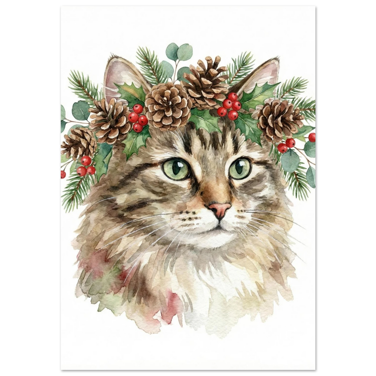 Brunrandig katt med julkrans av kottar och granris – akvarellposter