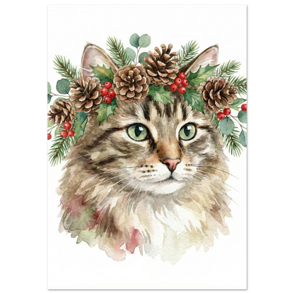 Brunrandig katt med julkrans av kottar och granris – akvarellposter