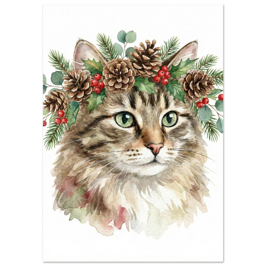 Brunrandig katt med julkrans av kottar och granris – akvarellposter