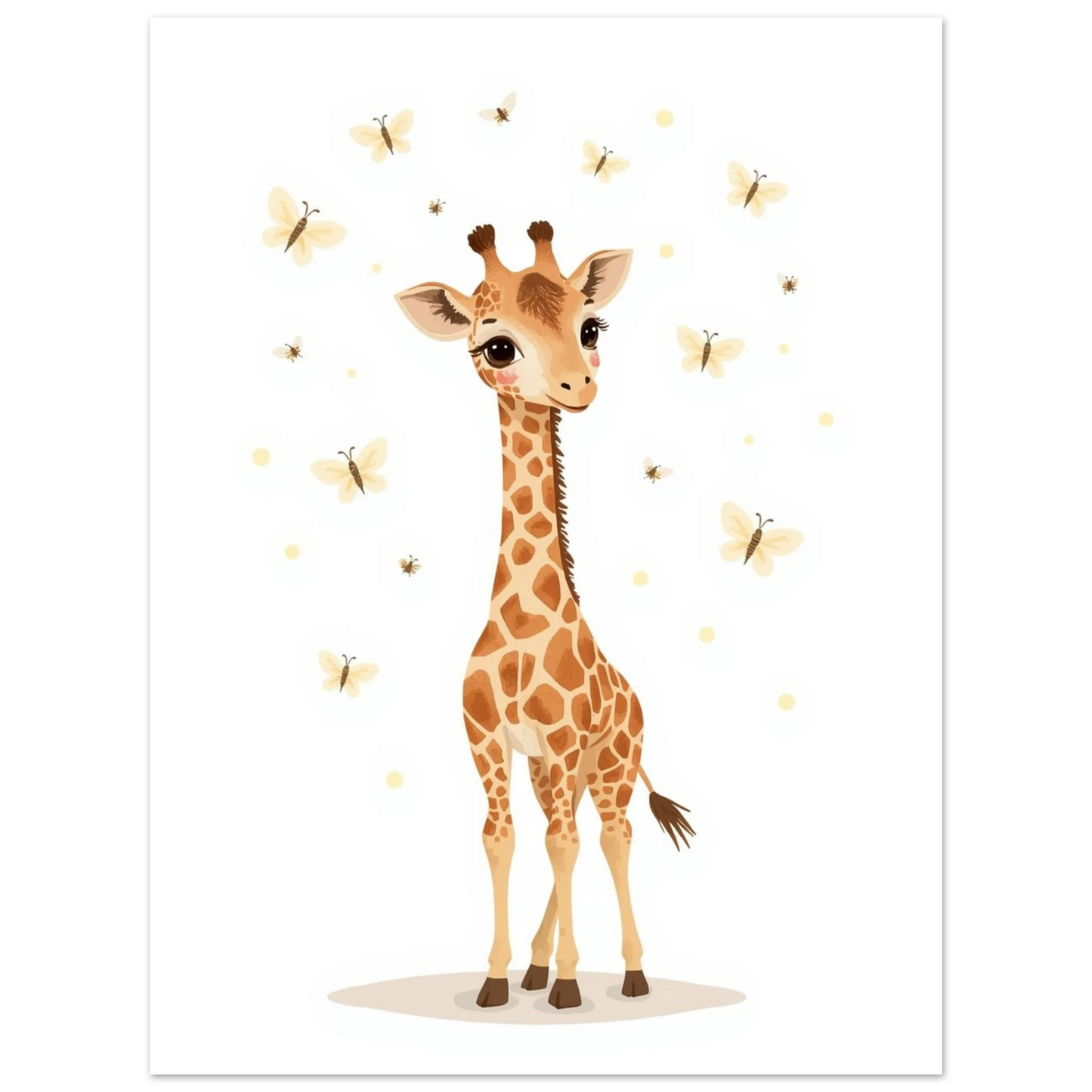 Väggkonst med giraff och fjärilar i en modern skandinavisk barnkammare