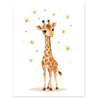 Väggkonst med giraff och fjärilar i en modern skandinavisk barnkammare