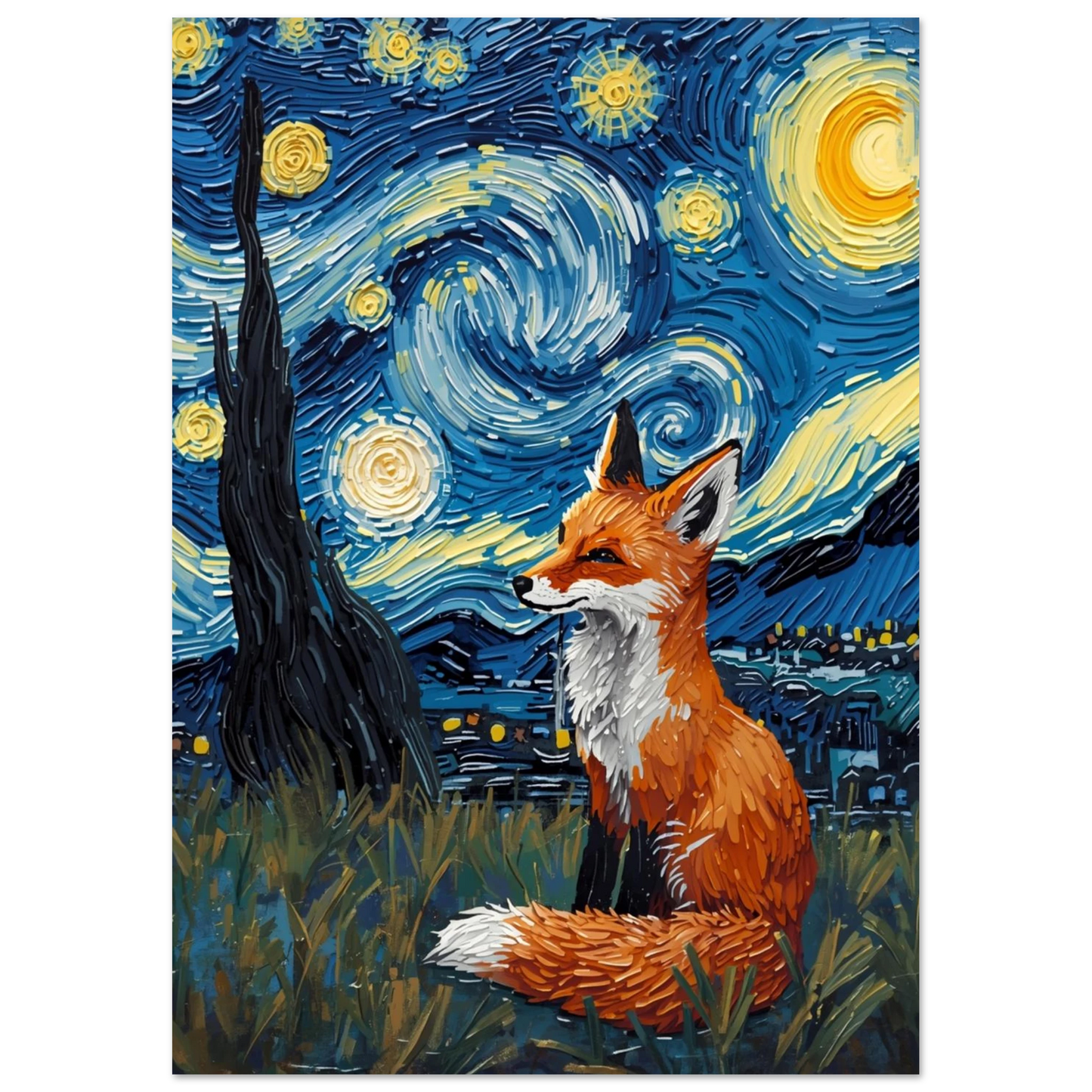 Expressionistisk oljemålning av en röd räv i en stjärnenatt
