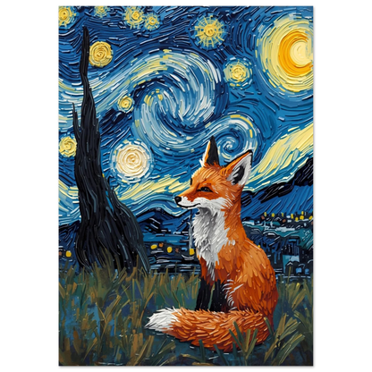 Expressionistisk oljemålning av en röd räv i en stjärnenatt