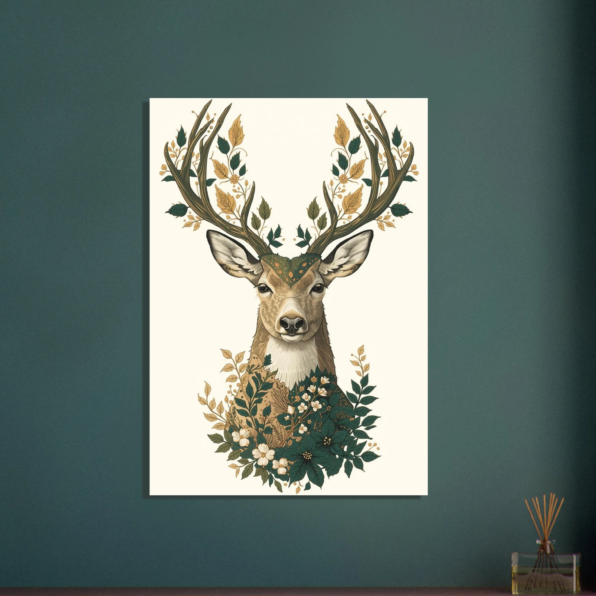 Hjort med horn dekorerade med ornamentala blad och blommor.