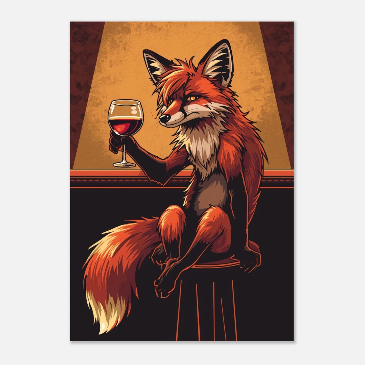 Rävmotiv med vin och barinteriör – unik digital illustration