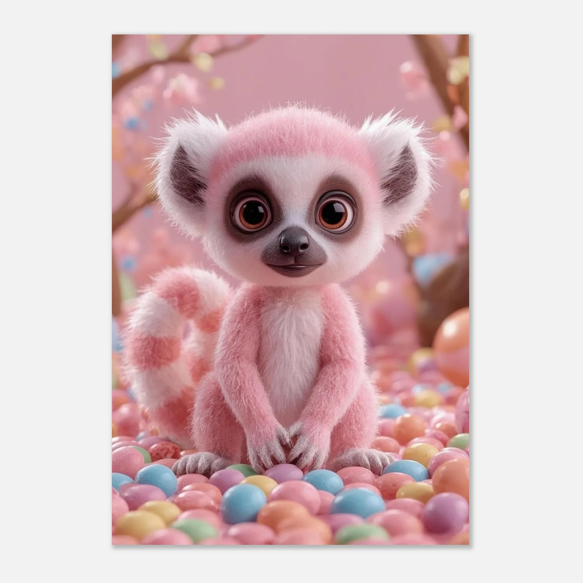 Lekfull djurposter föreställande en fluffig rosa lemur omgiven av sötsaker