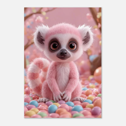 Lekfull djurposter föreställande en fluffig rosa lemur omgiven av sötsaker