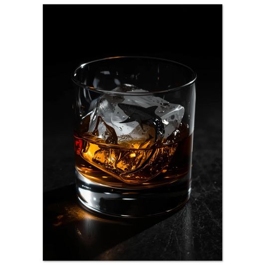 Haj inuti en isbit i ett whiskyglas – mörk fotorealistisk poster