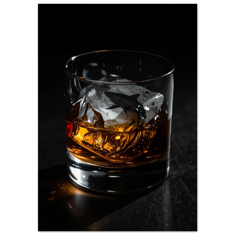 Haj inuti en isbit i ett whiskyglas – mörk fotorealistisk poster