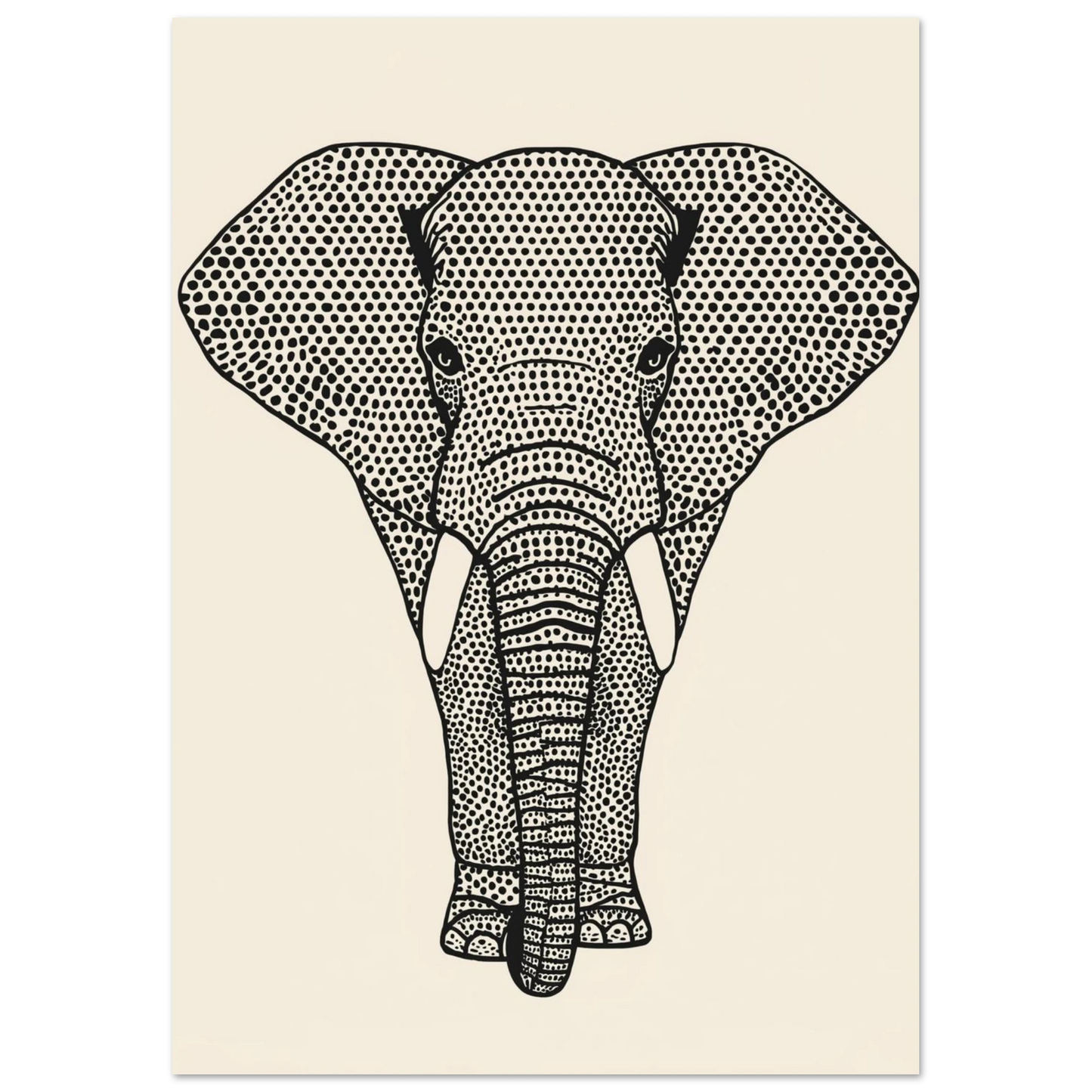 Stiliserad elefant med prickar i pointillism-teknik, minimalistisk djurposter för hemmet